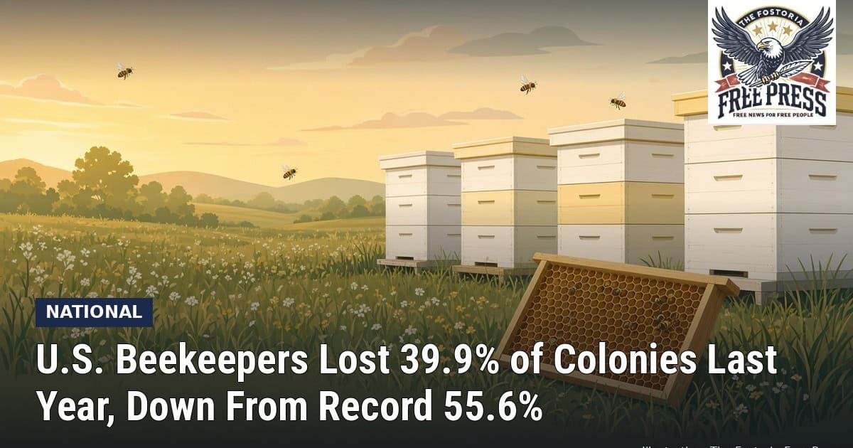 Fostoria News U.S. beekeepers with white beehives in a field and a honeycomb frame.
